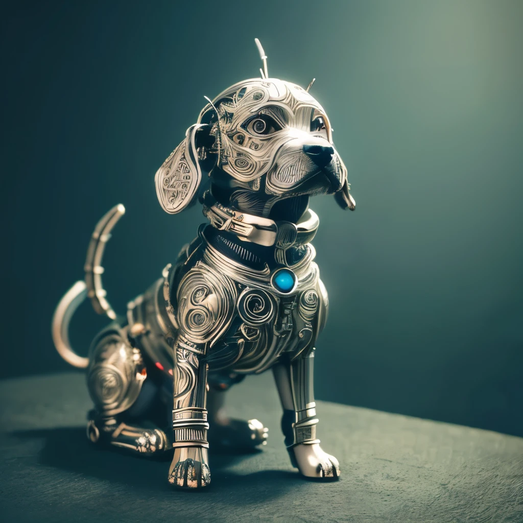 Cute metal puppy, (cyborg:1.1), ([tail | detailed wire]:1.3), (intricate details), High resolution, (intricate details, hyperdetailed:1.2), , Vignette, Centered