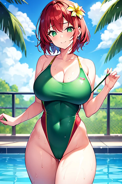 1girl, large breasts, thick thighs, red hair, green eyes, very short hair, short hair, smile, light smile, one-piece swimsuit, competition swimsuit, pool, poolside, wet, breast supress, flower on head, hair ornament