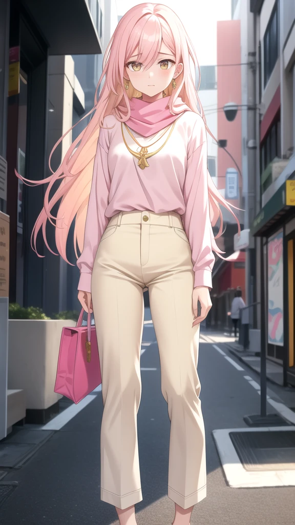 an anxious expression but at the same time fun, wear a pink blouse,A white scarf, and baggy light yellow pants and be feminine, who has long hair down to his white knees and has shining golden eyes, who has a necklace with this symbol "easy" , that is in a busy can