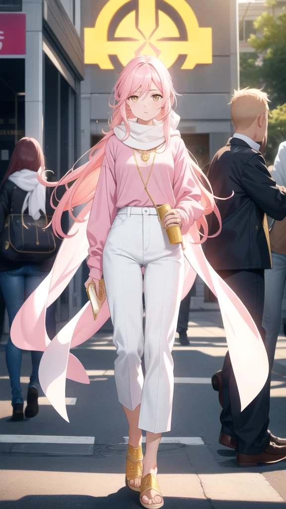 an anxious expression but at the same time fun, wear a pink blouse,A white scarf, and baggy light yellow pants and be feminine, who has long hair down to his white knees and has shining golden eyes, who has a necklace with this symbol "easy" , that is in a busy can