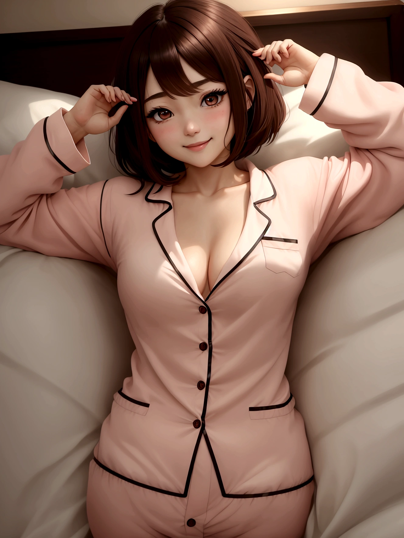 Adult female、Anime characters、Brown bob hair、black eye、blush、Embarrassed、Big round eyes、anime girl,smile,cute face,Rich man、rich、Luxurious pajamas、Luxury bed、Sexy pose、HQ、high resolution、disheveled pajamas、Accentuate the chest、Raise your arms、Out of place clothes、legitimate