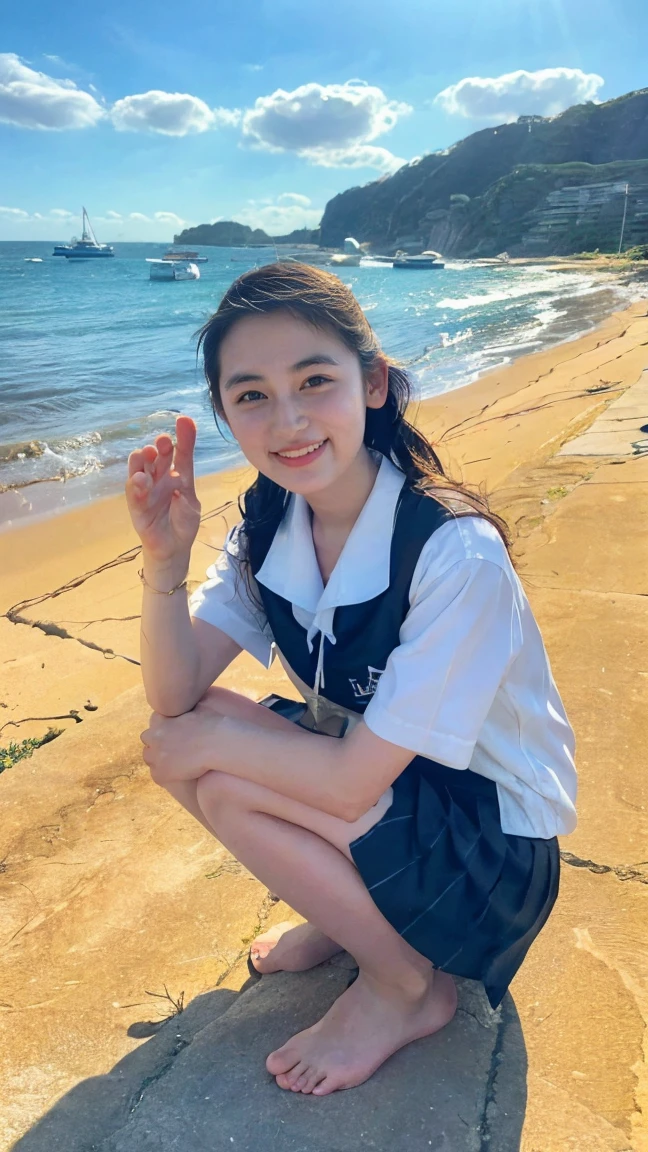 (((sunny day、Japanese 、Beach、A strong wind is blowing、Her hair and skirt are flying、Crouch down, Scooping up seawater and spreading your hands、Traditional navy blue sailor uniform、White blouse、Pleated skirt、Scooping seawater with hands:1.25、splash、Splashing water on each other、smile、Laughter、Sandy Beach、Light of the sun、clear blue sea、The waves crash quietly、Blue sky and white clouds、green mountain々、Beautiful Nature、The joys of youth)))、(((Top-down configuration:1.33)))、(((8K、Highest quality、masterpiece、Ultra-high resolution)))、(Realistic:1.4)、RAW Photos、(Real skin texture:1.3)、(Film Grain:1.3)、((No underwear、Bend one leg))、One Girl、Beautiful and detailed eyes and face、barefoot、