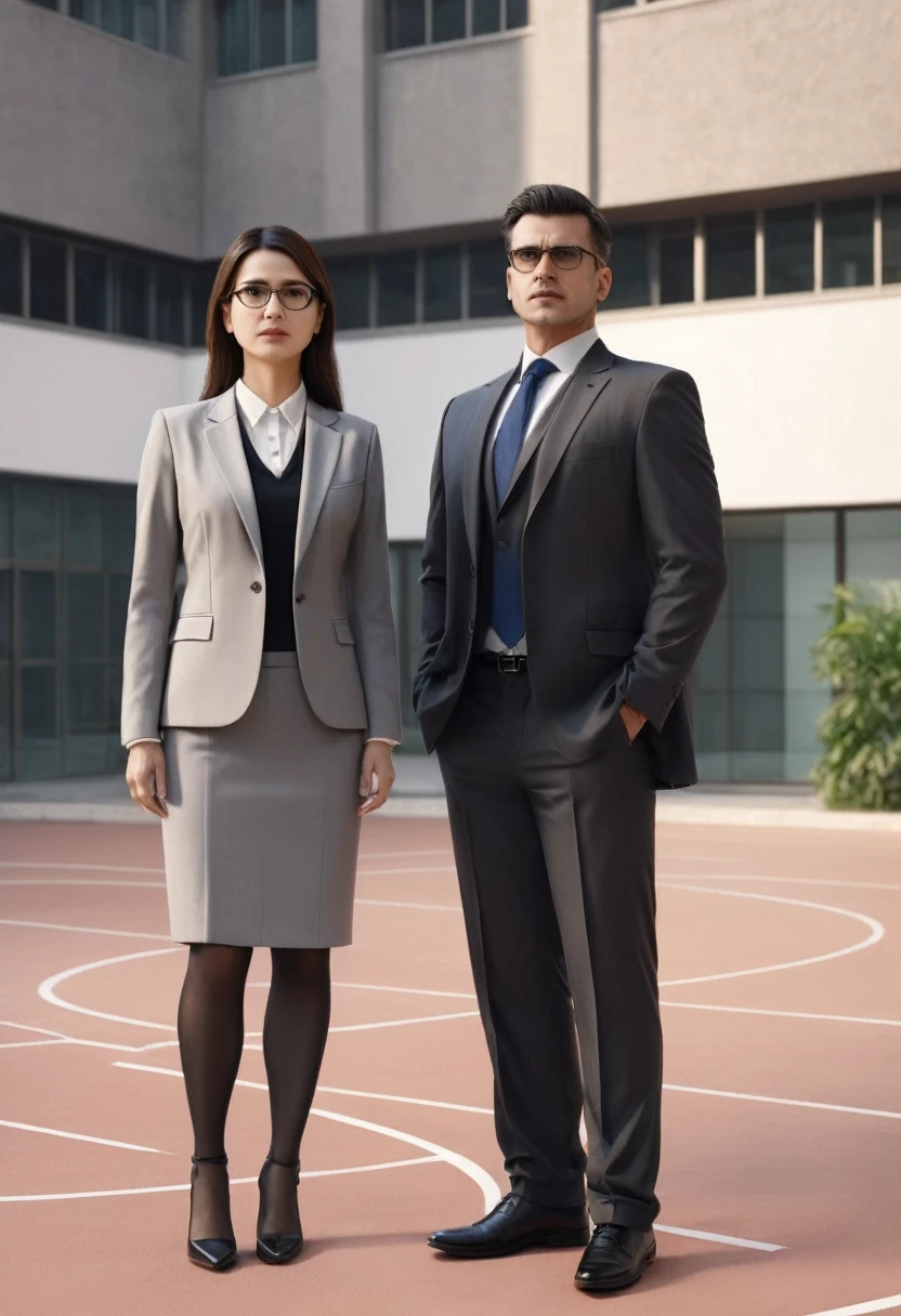 Lawyer male and female lawyer They stand in the half court with serious looks, high quality, 8k,realistic