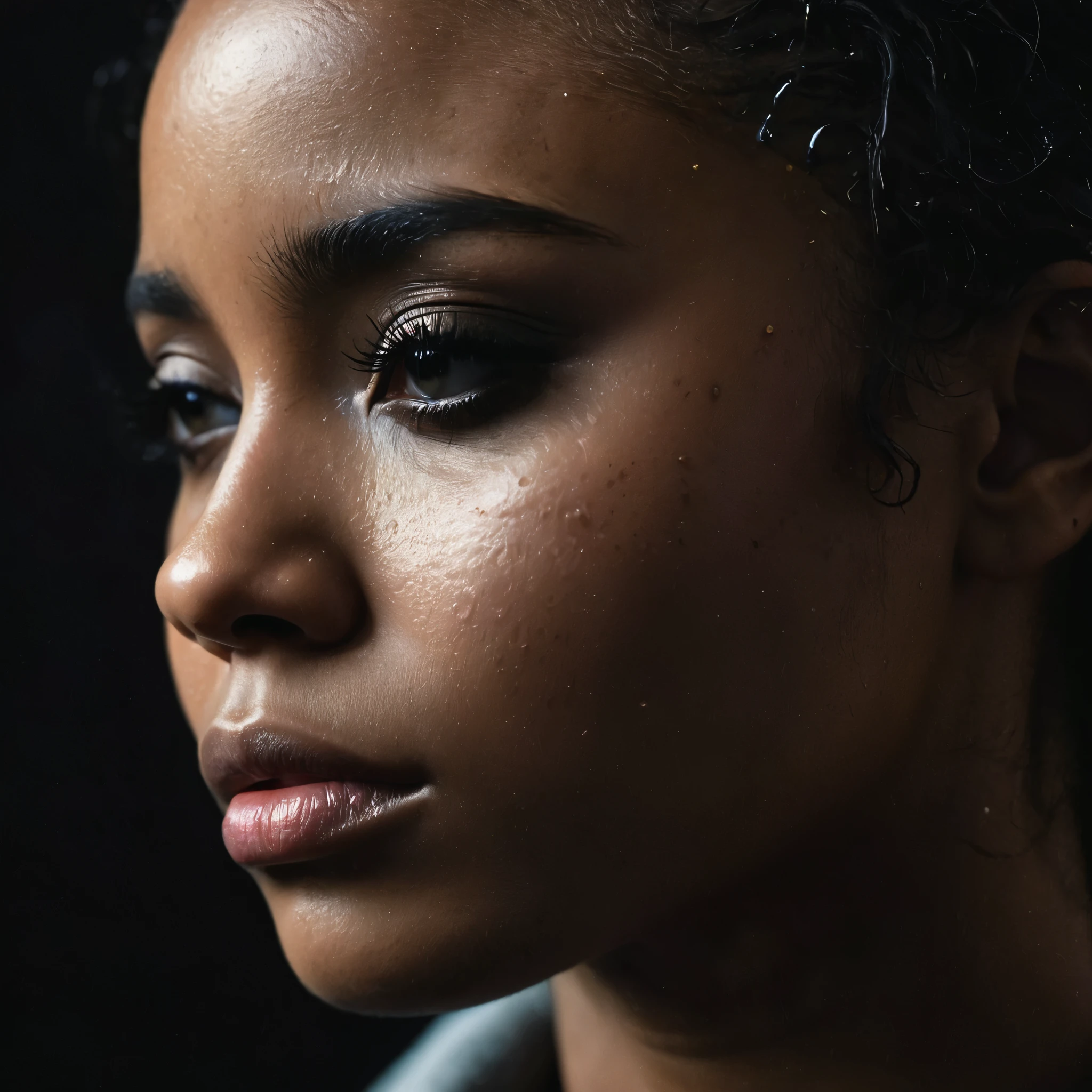 close up and zoomed in on a beautiful depressed very sad emotional sad crying black girl and a black background, sad, depressed, emotional, close up on side profile only showing cheek and eyelight falling on face, ???? photorealism, mysterious portrait of a woman, chiaroscuro portrait, close up on side profile, tinashe, zoe kravitz, zoomed in on tear drop, euphoria vibes, black and white, dark