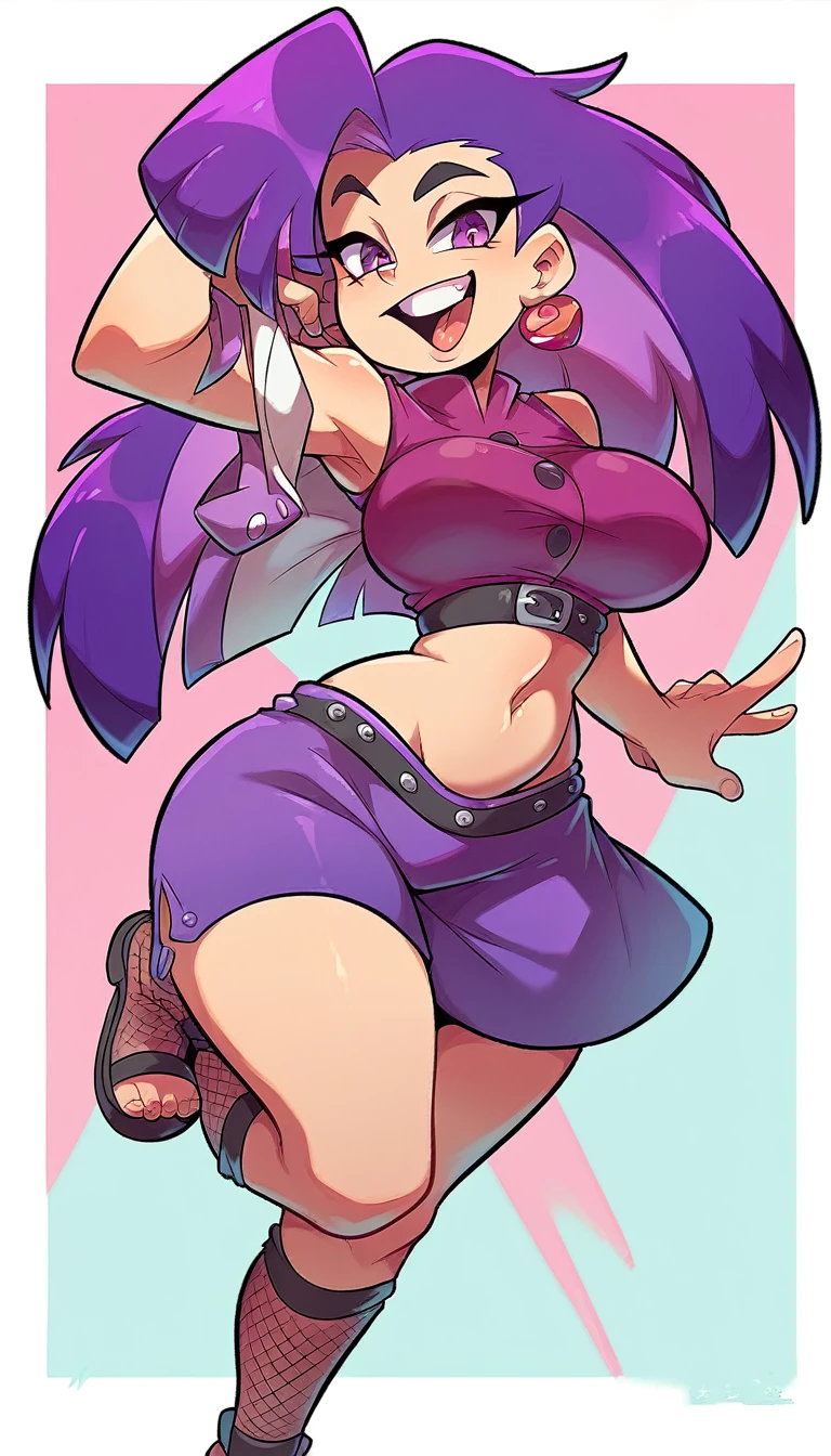 a big teenage girl big breast happy beautiful sexy ninja dark purple hair long hip her purple eye black eyelash big round dresses purple blouse with sleeveless buttons exposed abdomen navel and a short purple skirt pair of net socks Transparent black boot