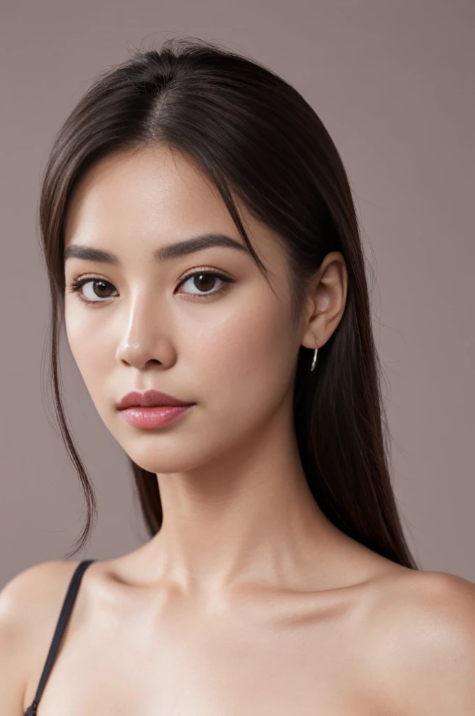 Create a (( mid-shot )) photorealistic image of a beautiful Asian woman with fair, smooth, flawless skin. She has large, round, sparkling eyes with naturally long and curled eyelashes, and well-defined, dark eyebrows. Her nose is straight and high, and her naturally pink, soft lips form a gentle smile. She has short, slightly curled brown hair that highlights her delicate facial features. Her face is oval-shaped, with a wide and high forehead, moderately high cheekbones, and a pointed, slender chin. She is wearing a black lingerie that complements her elegant and feminine appearance. (( waist to top))