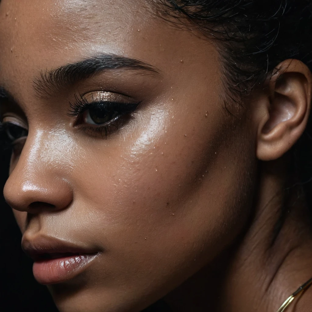 close up and zoomed in on a beautiful depressed very sad emotional sad crying black girl and a black background, sad, depressed, emotional, close up on side profile only showing cheek and eyelight falling on face, noir photorealism, mysterious portrait of a woman, chiaroscuro portrait, close up on side profile, tinashe, zoe kravitz, zoomed in on tear drop, euphoria vibes, black and white, dark