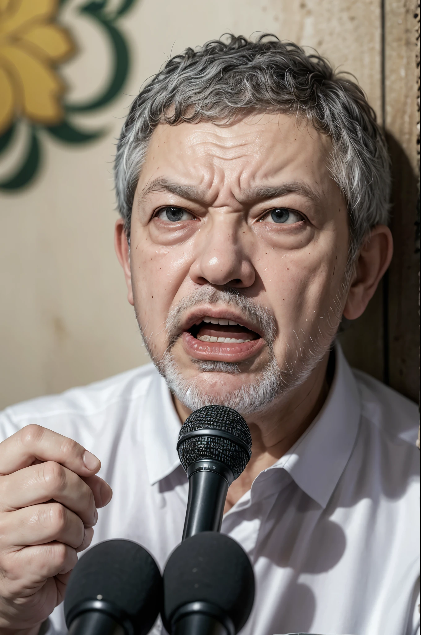 President Lula with an angry face, speaking into the microphone and behind him a wall of dollars