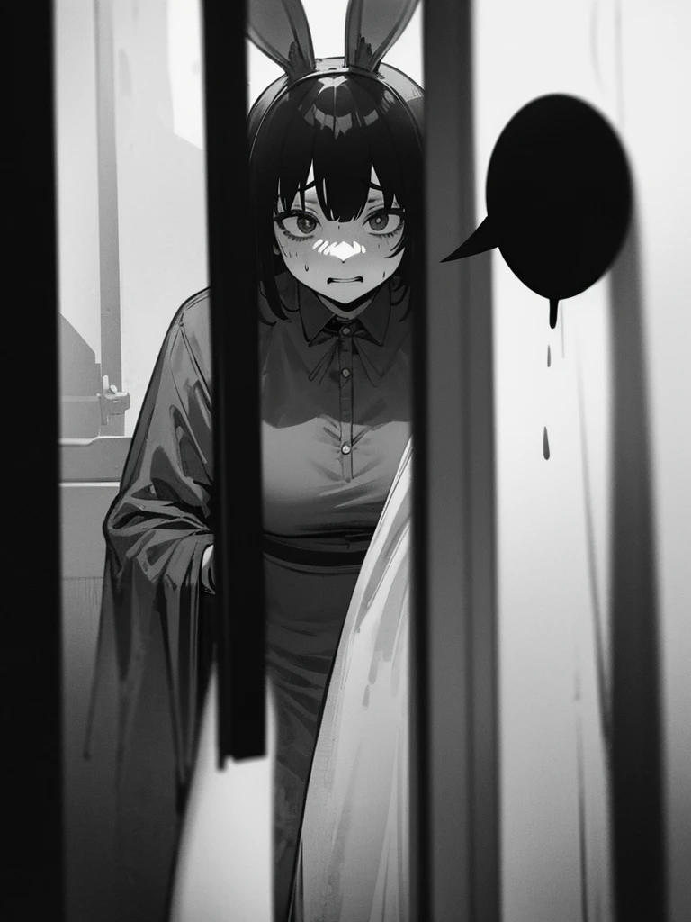 In a dark haunted house, horror, fear , It's muggy , steamy , rabbit ear girl , holding back pee , Disarray of clothing , Shadows seen through the curtains , doggy style , blow job , hard core , orgasm , nudity