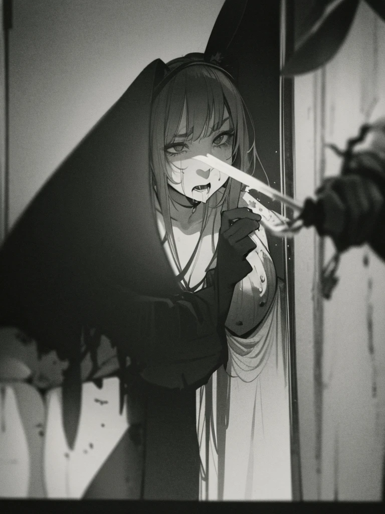 In a dark haunted house, horror, fear , It's muggy , steamy , rabbit ear girl , holding back pee , Disarray of clothing , Shadows seen through the curtains , doggy style , blow job , hard core , orgasm , nudity