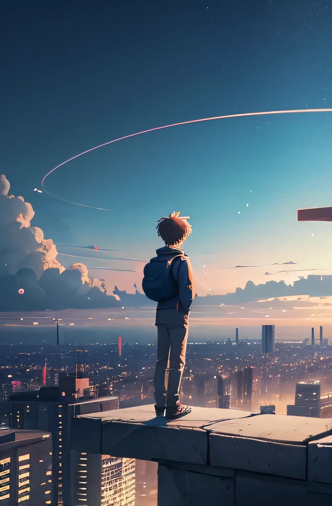 a boy standing in the middle of a city with bubbles floating in the air, bubbly scenery, colorful anime movie background, floating bubbles, escaping air bubbles, anime background art, dreamy psychedelic anime, beautiful anime scene, beautiful anime scenery, anime background, bubbly underwater scenery, bubbles in the air.