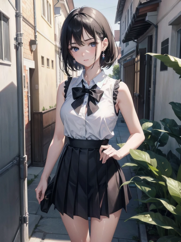 absurdres, RAW photo, extremely delicate and beautiful, masterpiece, Best Quality, ultra high resolution, 32k, hyperrealistic, ultra-detailed, in her 20s, delicate facial features, tearful mole, earring, medium breasts, full body shot, shorter middle hair, black hair, summer school_uniform shirt, sleeveless,