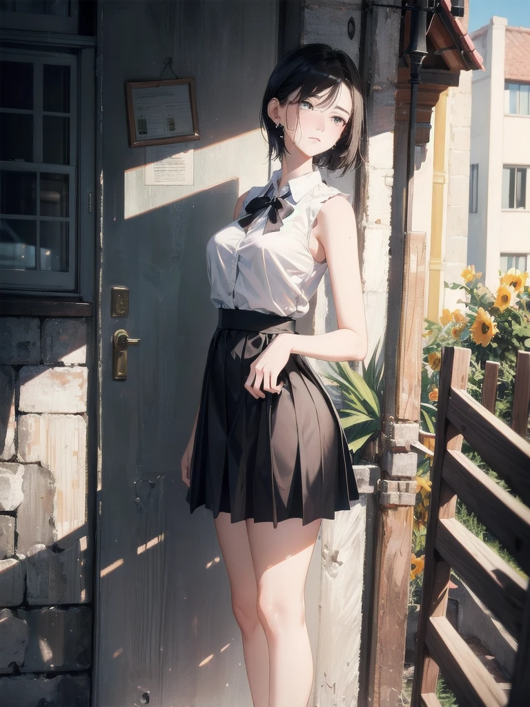 absurdres, RAW photo, extremely delicate and beautiful, masterpiece, Best Quality, ultra high resolution, 32k, hyperrealistic, ultra-detailed, in her 20s, delicate facial features, tearful mole, earring, medium breasts, full body shot, shorter middle hair, black hair, summer school_uniform shirt, sleeveless,