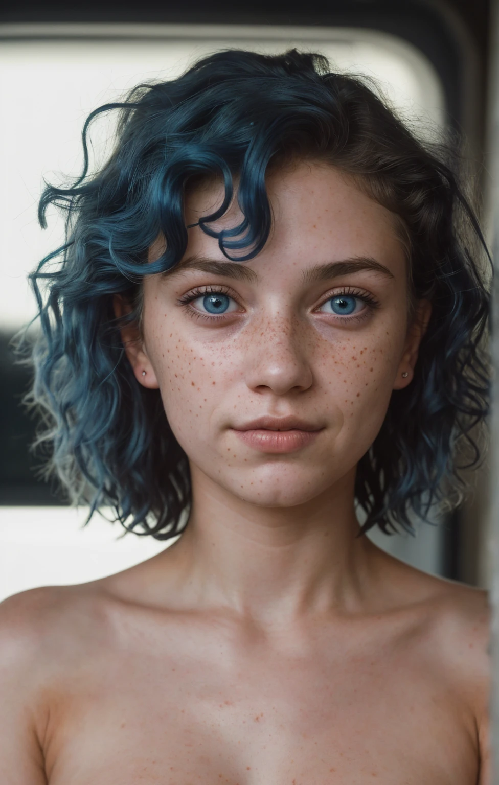 (Close-up, editorial photograph of a 21 year old woman), (highly detailed face:1.4) (smile:0.7) (background inside dark, moody, private study:1.3) POV, by lee jeffries, nikon d850, film stock photograph ,4 kodak portra 400 ,camera f1.6 lens ,rich colors, hyper realistic ,lifelike texture, dramatic lighting , cinestill 800, wavy hair, messy hair, curls, Short hair, Mischievous smirk, Blue hair, Blue Eyes, freckles, White Skin, Sci Fi, Spaceship, Cyberpunk, Futurism, Technocratic Union, Astral Plane, European expressions, European woman, European skin, naked
