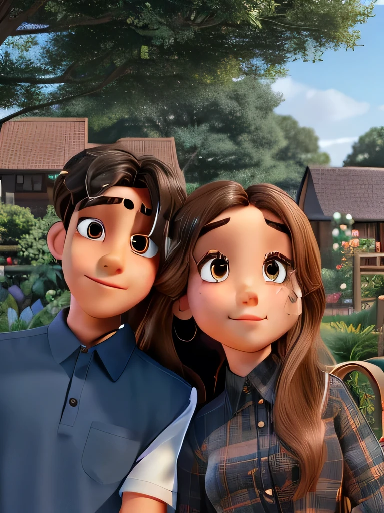 2 couples-looking at camera, the boy is light skin -girl brown cooper long hair,  for the men is black wave hair-girl wearing black s-men dark blue shirt, both have dark eyes- garden-elegant-high quality image- they are close to each other, Disney Pixar 