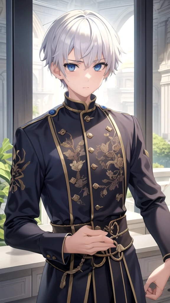 masterpiece, best quality, high quality, 1boy, solo, 14-year-old boy,male focus, looking at viewer , white hair, old-school swoop haircut,upper body , blue eyes,