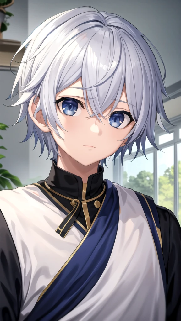 masterpiece, best quality, high quality, 1boy, solo, 14-year-old boy,male focus, looking at viewer , white hair, old-school swoop haircut,upper body , blue eyes,