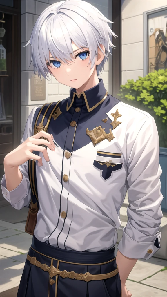 masterpiece, best quality, high quality, 1boy, solo, boy,male focus, looking at viewer , white hair, old-school swoop haircut,upper body , blue eyes,