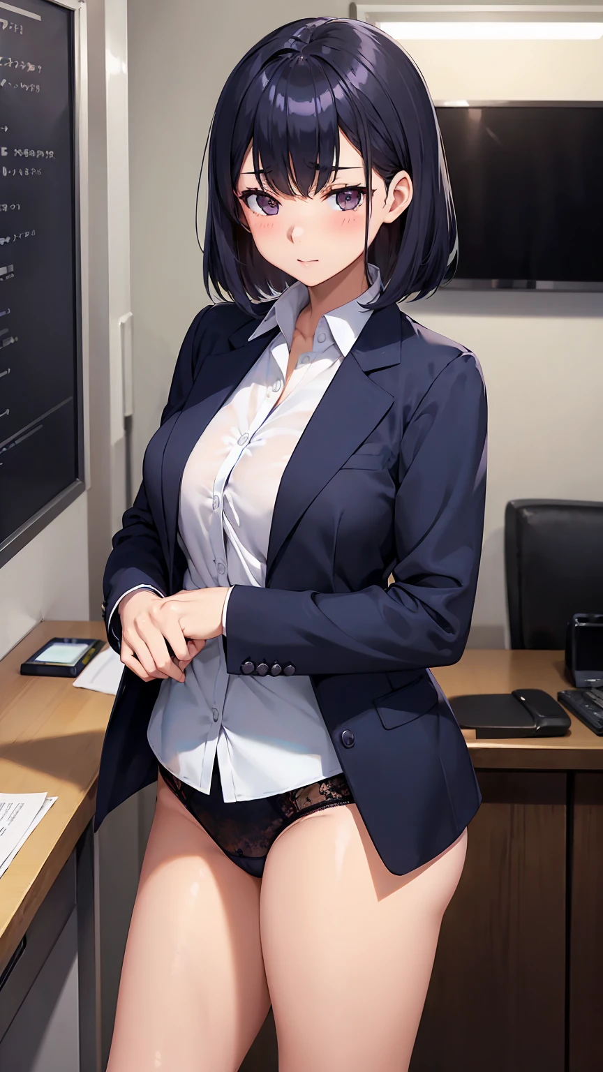 panties、A woman wearing navy blue office lady clothes's outfit with a red ribbon is standing on a train as a young man in a suit fondles her breasts over her good., (Capture the subjective mind,POV hands,Grab your chest:1.3)、Dorsal position, Exact number of hands, with the good on, show off good, skirt,Sit with your legs apart、 good, panties, underwear, (shiny white satin レースpanties with black embroidery:1.3), (shiny white satin lacy good with black embroidery :1.3), panties that cover the butt、garter belt, Knee socks, Embarrassed look, Feels good, skirt lift, Recall, Realistic