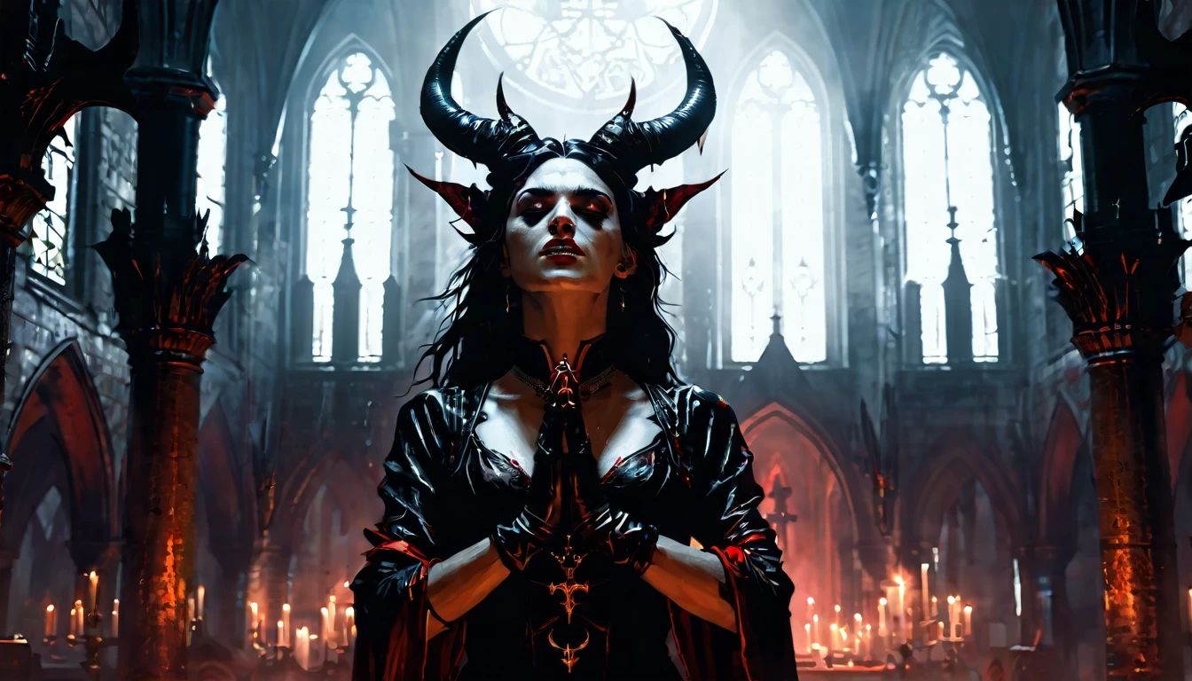 holy succubus with horns, in prayer with upraised hands, gloves, vampire the masquerade bloodlines, incredible art, gloomy background, nimbus, church ragged vestments, darksketch, minimalism