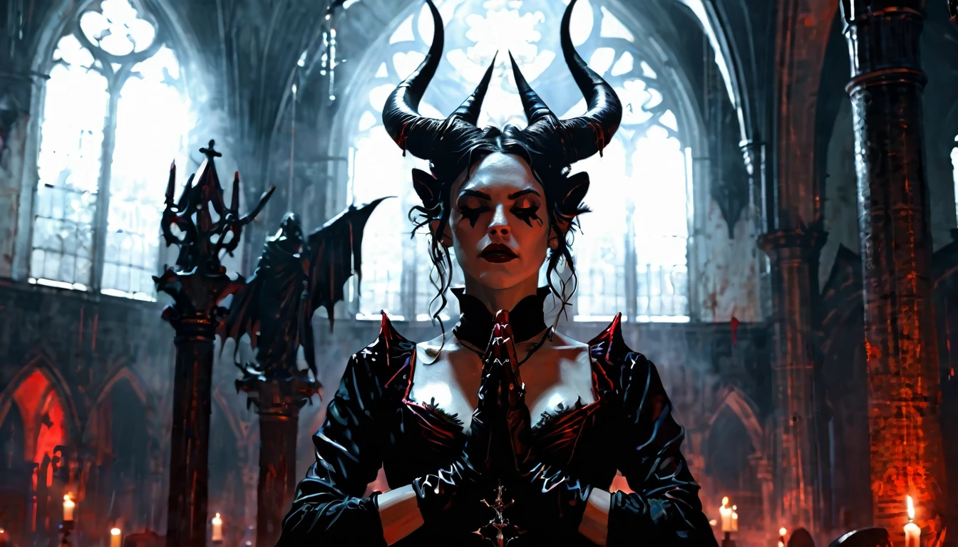 holy succubus with horns, in prayer with upraised hands, gloves, vampire the masquerade bloodlines, incredible art, gloomy background, nimbus, church ragged vestments, darksketch, minimalism