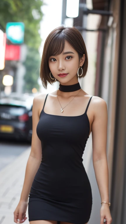 8K, masterpiece, RAW Photos, Highest quality, detailed:1.2),Realistic, Extremely detaileded CG unifies 8K, 8K, diamond, wallpaper, Written boundary depth, Cinematic Light, Lens flare, Ray Tracing, (Very beautiful face, Beautiful Lips, Beautiful Eyes), intricate detailed face, ((ultra detaileded skin)) One Girl, Deep Shadow, Cute Korean Girl, K-POPアイドル,(Very slim and slender muscular body:1.3), ((Viewer Display)),(Big smile), (Bodycon mini dress), (White Dress), (Injection Sleeve) , Background city night, (Neon Signs), Cute Korean Girl, Earrings, Bangles, necklace, pantyhose, Clear Eyes, walk , (Pale skin), look forward to, (Big eyes), ((Upper Body Shot)), Bodycon mini dress, Silk mini dress , Synthwave Color Dress, Black Choker, Turn back, Side Shot, slim, Healthy Thighs, Thigh Gap
