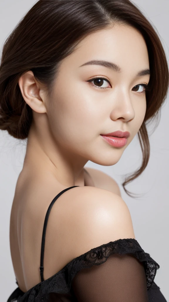 Create a (( mid-shot )) photorealistic image of a beautiful Asian woman with fair, smooth, flawless skin. She has large, round, sparkling eyes with naturally long and curled eyelashes, and well-defined, dark eyebrows. Her nose is straight and high, and her naturally pink, soft lips form a gentle smile. She has short, slightly curled brown hair that highlights her delicate facial features. Her face is oval-shaped, with a wide and high forehead, moderately high cheekbones, and a pointed, slender chin. She is wearing a black lingerie that complements her elegant and feminine appearance. (( waist to top))