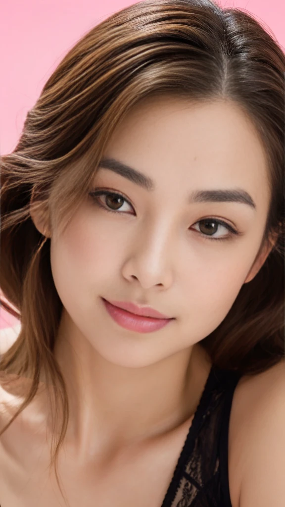 Create a (( mid-shot )) photorealistic image of a beautiful Asian woman with fair, smooth, flawless skin. She has large, round, sparkling eyes with naturally long and curled eyelashes, and well-defined, dark eyebrows. Her nose is straight and high, and her naturally pink, soft lips form a gentle smile. She has short, slightly curled brown hair that highlights her delicate facial features. Her face is oval-shaped, with a wide and high forehead, moderately high cheekbones, and a pointed, slender chin. She is wearing a black lingerie that complements her elegant and feminine appearance. (( waist to top))