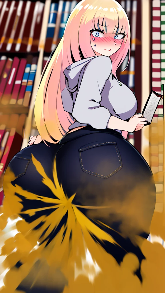 ((best quality)), ((highly detailed)), absurdres, (detailed eyes, deep eyes), (1girl), dynamic pose, very long hair, large breasts, surprised, blushing, hoodie, black pants, showing butt to viewer, (indoors, at a library, book shelves), bbcchan