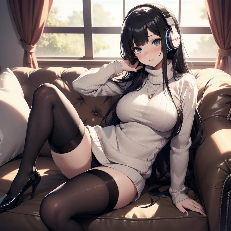 1girl, anime, black eyes, long black hair with square bangs, very long black hair, super long black hair, skirt and stockings, ((black thigh highs)), heels, (((ribbed white sweater))), (white sweater), adult, hourglass figure, garter, nerdy, headphones, sofa, suggestive, inviting, blush, flushed cheeks, spicey