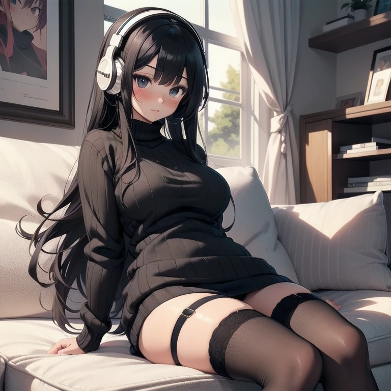 1girl, anime, black eyes, long black hair with square bangs, very long black hair, super long black hair, skirt and stockings, ((black thigh highs)), heels, (((ribbed white sweater))), (white sweater), adult, hourglass figure, garter, nerdy, headphones, sofa, suggestive, inviting, blush, flushed cheeks, spicey
