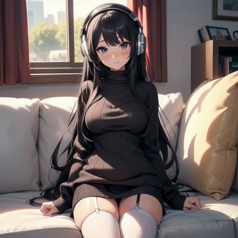 1girl, anime, black eyes, long black hair with square bangs, very long black hair, super long black hair, skirt and stockings, ((black thigh highs)), heels, (((ribbed white sweater))), (white sweater), adult, hourglass figure, garter, nerdy, headphones, sofa, suggestive, inviting, blush, flushed cheeks, spicey