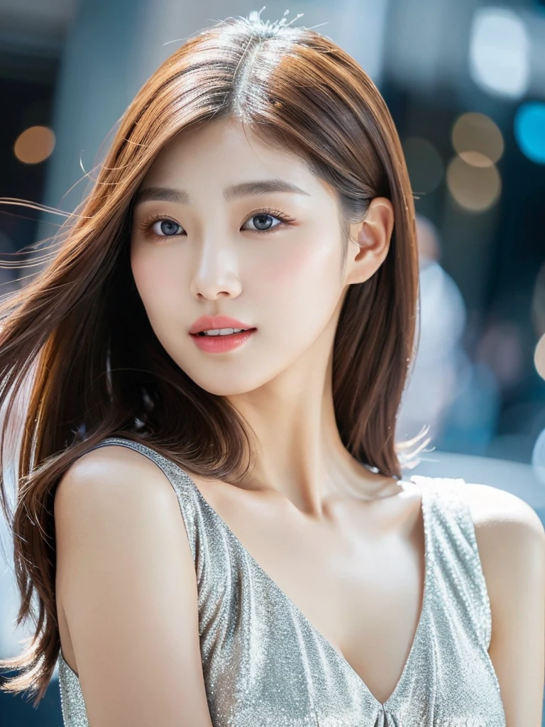 Kwon Eun-bi is a young Korean woman in her 28s. She hair is chanel-cut in a coppery red  colors. 
She face is slightly shorter than it is long, which carry a warm , expressive face. Her skin is radiant and clear, presenting an impeccable state of health and her curved lips. 
Large, brown eyes are expressive and captivating. 
She height is medium, her natural body and defined made up of proportional curves. with the most charming and provocative. It matches their personalities. 
She wears a silver dress that sparkles as the moonlight illuminates her 

