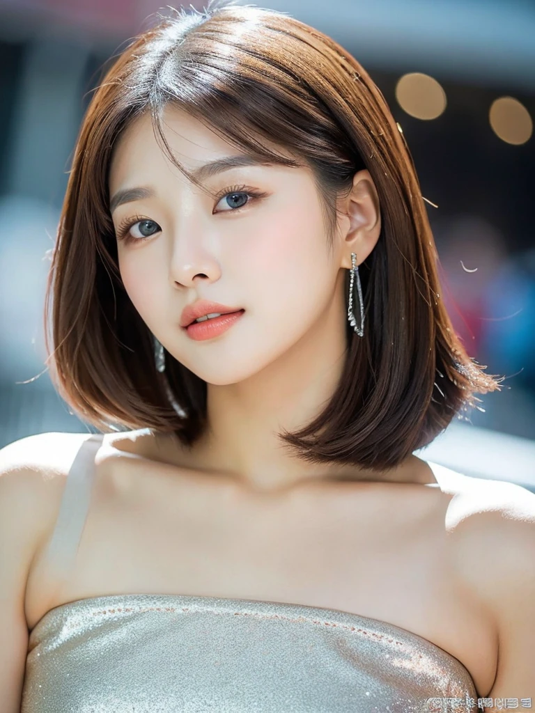 Kwon Eun-bi is a young Korean woman in her 28s. She hair is chanel-cut in a coppery red colors.
She face is slightly shorter than it is long, which carry a warm , expressive face. Her skin is radiant and clear, presenting an impeccable state of health and her curved lips.
Large, brown eyes are expressive and captivating.
She height is medium, her natural body and defined made up of proportional curves. with the most charming and provocative. It matches their personalities.
She wears a silver dress that sparkles as the moonlight illuminates her