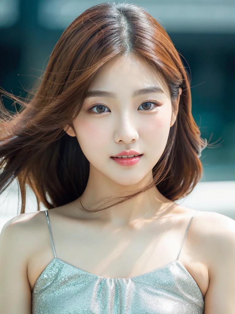Kwon Eun-bi is a young Korean woman in her 28s. She hair is chanel-cut in a coppery red colors.
She face is slightly shorter than it is long, which carry a warm , expressive face. Her skin is radiant and clear, presenting an impeccable state of health and her curved lips.
Large, brown eyes are expressive and captivating.
She height is medium, her natural body and defined made up of proportional curves. with the most charming and provocative. It matches their personalities.
She wears a silver dress that sparkles as the moonlight illuminates her