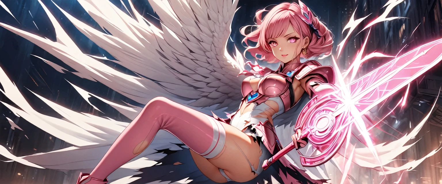 (Perfect Anatomy)、Mastepiece、Ultra High Quality、 8K、masterpiece、Highest quality、Ultra-high resolution、Maximum resolution、Very detailed、Professional Lighting、anime、woman、thin、so beautiful、Highly detailed eye、Highly detailed face、Golden earrings、Pink Hair,、Pink eyes、Mid-chest, pink lips, upper arm pink armor, white leotard, pink pattern, full body, magical girl, Angel Girl, Are standing, pink thigh high stockings, white super long boots, pink gauntlet, high heels, hime cut, bridal hair accessory, (((Summoning a magic sword))), Opening legs outwards, glowing eyes, madeon, Biopunk, Creating wind with wings, (((Forming a magical shield))), Enveloped in a magical aura, Firing magical arrows, spread legs(((attack with sword))), angry, (dynamic angle), (dynamic pose), action painting, gestural marks, dynamic brushwork, expressive motion, spontaneous technique, abstract expressionism, energetic compositions, (torn clothes:1.9),