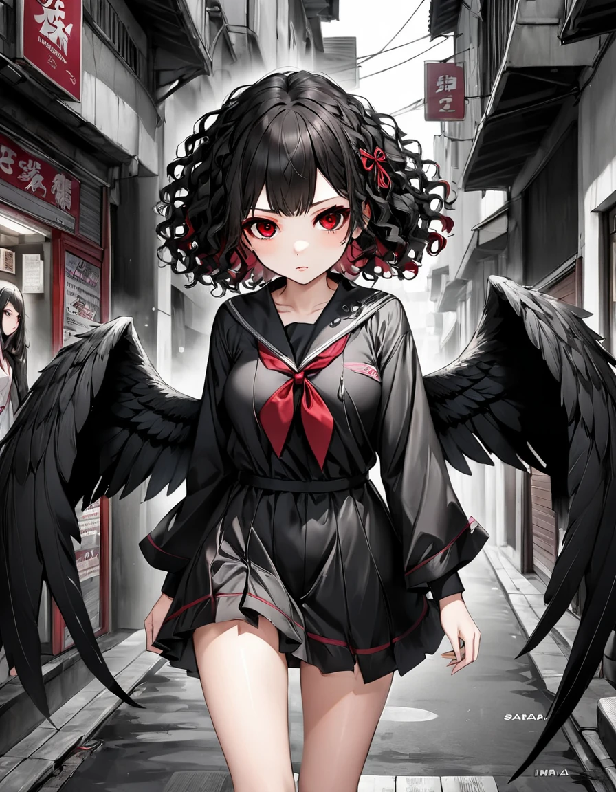 sarada anime + Naruto girl sexy angels black wings curly hair dress V-cuts walking in.ima dark street gloomy scared style photo realism, Fully detailed drawing in black and black and only the red eyes

