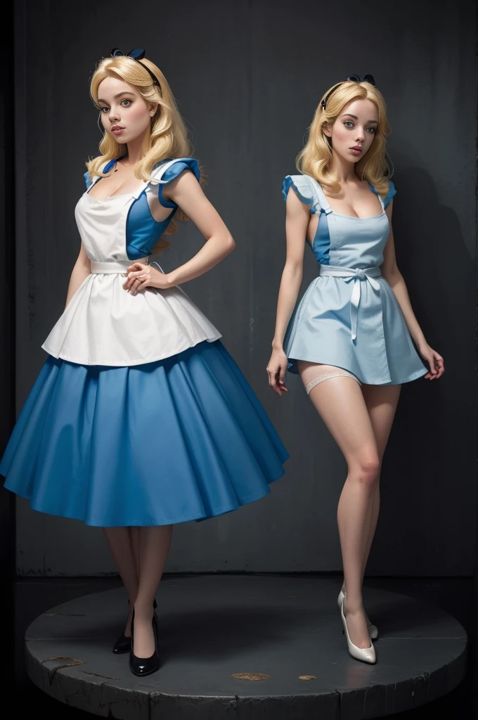 masterpiece, 1girl, solo, a sexy Alice in Wonderland with blonde hair, powder blue dress with white apron, white stockings, cleavage, dynamic, ultra high def, 32k, (perfect anatomy:1.5), perfect legs, in the style of Artgerm and Adam Hughes, perfect arms,