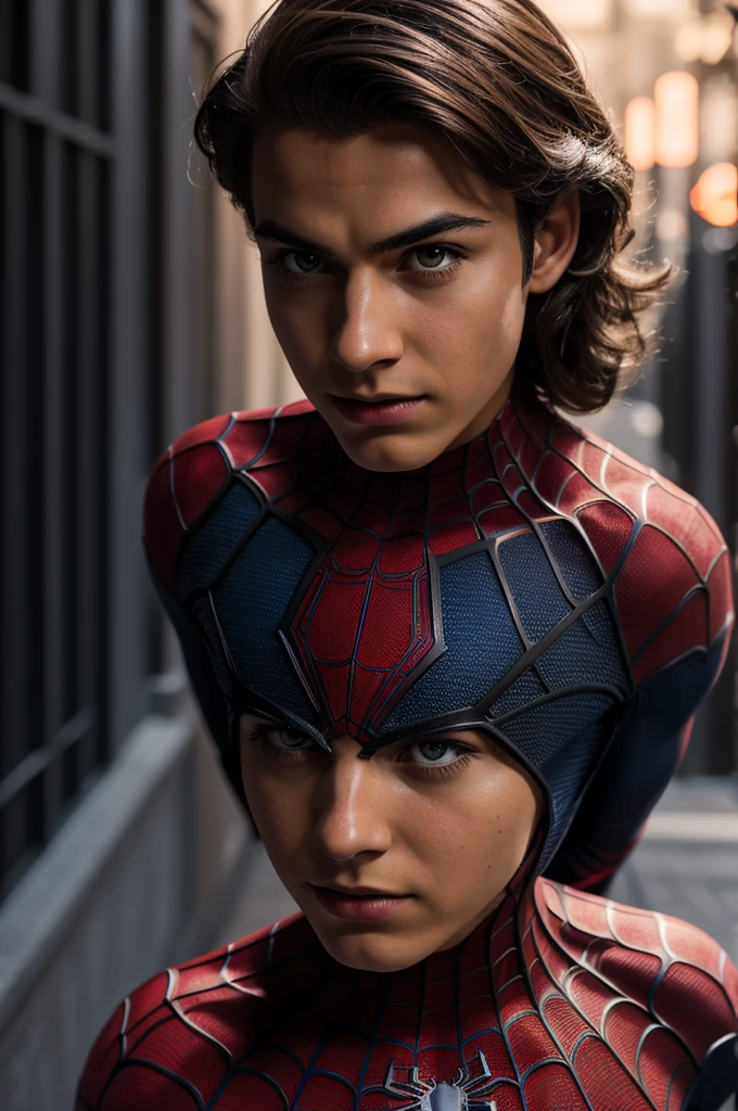 A photograph of Spider-Man., sin mascara, the 20s, elegant, detailed face, looking to the camera, portrait, 8k hd, high quality