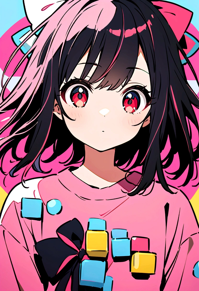 an anime girl with red eyes, long black hair with pink strands with small hair bow with small blue and yellow cubes decoration on the bow, on the right side of the head. She wears a pink sweatshirt
