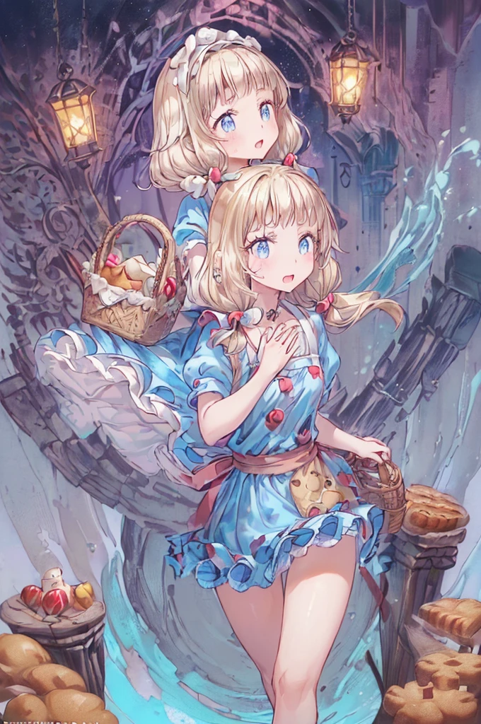 (perky chest:1.2), (pointed chest:1.2),(((Black Tunic:1.3))),(((cakes and bread in the basket),Cute and beautiful girl,Cute round face,Cute smile,with blush cheeks,Red Lip,a girl , nsfw:1.2, beautiful body:1.3), shinny skin, BREAK, ((alice in the wonderland:1.3, cute, kawaii, lovely, funny, a girl falling down from sky:1.3, girl flying in sky:1.4, girl floating in air:1.5, rolling upskirt by w, (with sparkling eyes and a contagious smile),open mouth, Looking at Viewer, surprised, putting hands on crotch over the skirts:1.5)), BREAK, ((floating things as follows:1.3, PlayingCards, Trump, tea cup, tea pot, tea spoons, pocket watch:1.3, lip sticks, candies:1.2, cookies, jam bottles, classical door_keys)), ((long purply_Blue dress :1.5, wearing long flaired skirt:1.3, the skirt is blowing:1.3, cute pink Apron, black stockingedium long platinum-blonde hair:1.2, twin tail hair:1.6, tied hair with a large ribbon), (Blue eyes, bright pupils with highlights, detailed eyes), (lying down on your back:0.7, spreading legs with rising up straight:0.7), sexy posture, fantac colorful art, (fantasy art:1.2, wondered images), ((correct anatomy:1.5, perfect anatomy:1.3, correct hand, small foot:1.2)),