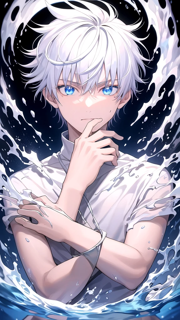 masterpiece, best quality, high quality, 1boy, solo, 14-year-old boy,male focus, looking at viewer , white hair, old-school swoop haircut,upper body , blue eyes,