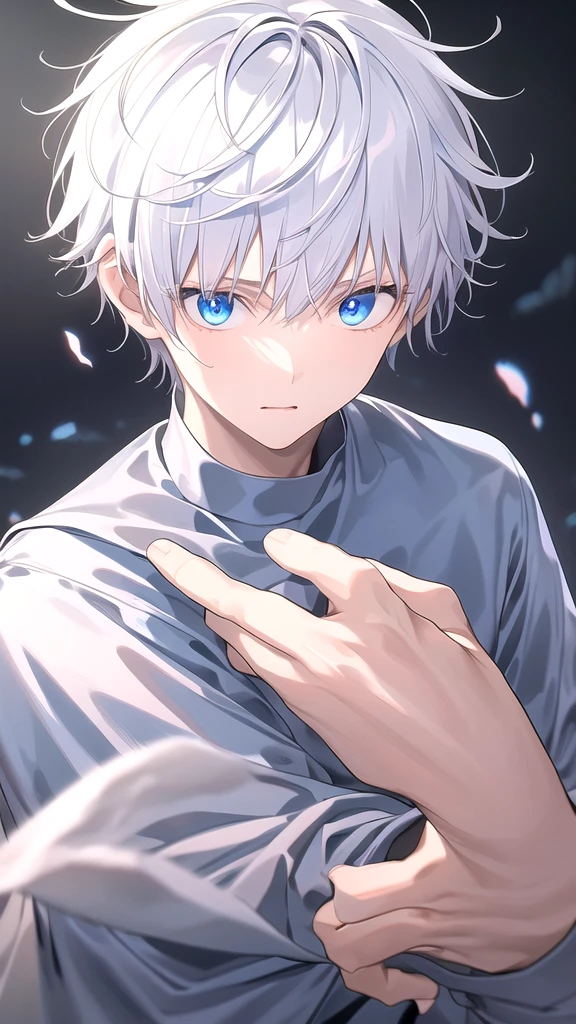 masterpiece, best quality, high quality, 1boy, solo, 14-year-old boy,male focus, looking at viewer , white hair, old-school swoop haircut,upper body , blue eyes,