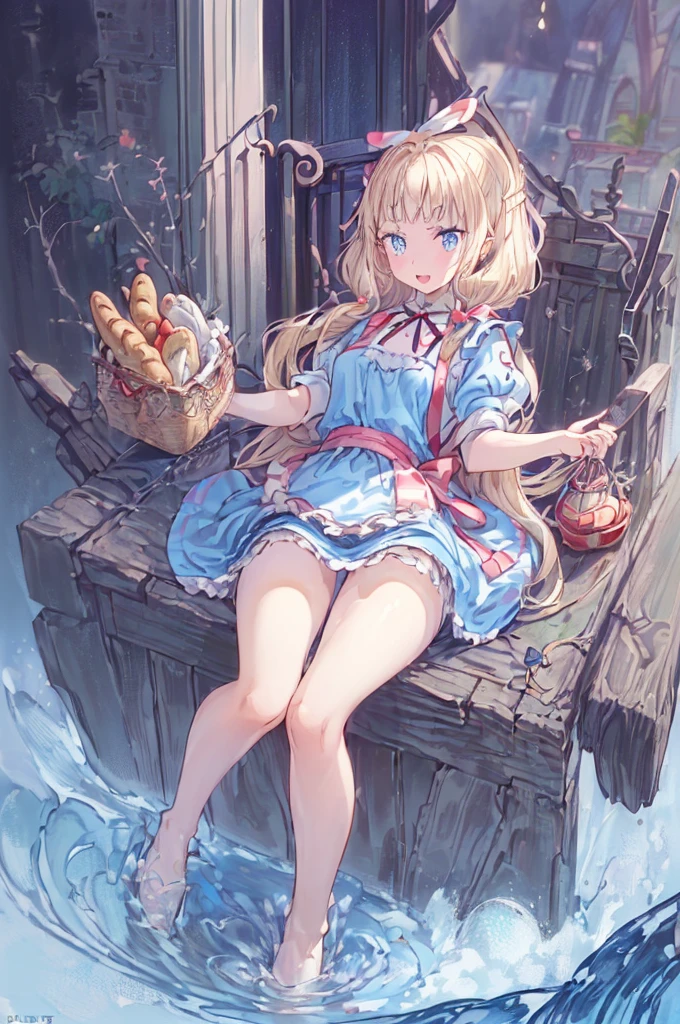 (perky chest:1.2), (pointed chest:1.2),(((Black Tunic:1.3))),(((cakes and bread in the basket),Cute and beautiful girl,Cute round face,Cute smile,with blush cheeks,Red Lip,a girl 17 years old, nsfw:1.2, beautiful body:1.3), shinny skin, BREAK, ((alice in the wonderland:1.3, cute, kawaii, lovely, funny, a girl falling down from sky:1.3, girl flying in sky:1.4, girl floating in air:1.5, rolling upskirt by wind:1.6, (with sparkling eyes and a contagious smile),open mouth, Looking at Viewer, surprised, putting hands on crotch over the skirts:1.5)), BREAK, ((floating things as follows:1.3, PlayingCards, Trump, tea cup, tea pot, tea spoons, pocket watch:1.3, lip sticks, candies:1.2, cookies, jam bottles, classical door_keys)), ((long purply_Blue dress :1.5, wearing long flaired skirt:1.3, the skirt is blowing:1.3, cute pink Apron, black stockingedium long platinum-blonde hair:1.2, twin tail hair:1.6, tied hair with a large ribbon), (Blue eyes, bright pupils with highlights, detailed eyes), (lying down on your back:0.7, spreading legs with rising up straight:0.7), sexy posture, fantastic colorful art, (fantasy art:1.2, wondered images), ((correct anatomy:1.5, perfect anatomy:1.3, correct hand, small foot:1.2)),