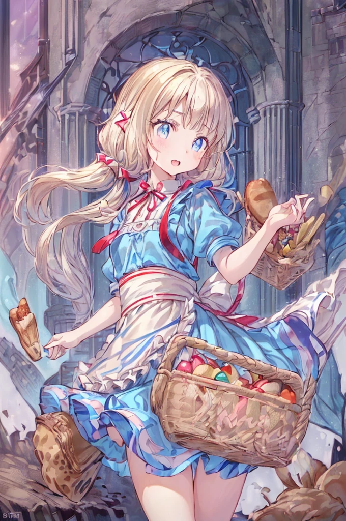 (perky chest:1.2), (pointed chest:1.2),(((Black Tunic:1.3))),(((cakes and bread in the basket),Cute and beautiful girl,Cute round face,Cute smile,with blush cheeks,Red Lip,a girl , nsfw:1.2, beautiful body:1.3), shinny skin, BREAK, ((alice in the wonderland:1.3, cute, kawaii, lovely, funny, a girl falling down from sky:1.3, girl flying in sky:1.4, girl floating in air:1.5, rolling upskirt by wind:1.6, (with sparkling eyes and a contagious smile),open mouth, Looking at Viewer, surprised, putting hands on crotch over the skirts:1.5)), BREAK, ((floating things as follows:1.3, PlayingCards, Trump, tea cup, tea pot, tea spoons, pocket watch:1.3, lip sticks, candies:1.2, cookies, jam bottles, classical door_keys)), ((long purply_Blue dress :1.5, wearing long flaired skirt:1.3, the skirt is blowing:1.3, cute pink Apron, black stockingedium long platinum-blonde hair:1.2, twin tail hair:1.6, tied hair with a large ribbon), (Blue eyes, bright pupils with highlights, detailed eyes), (lying down on your back:0.7, spreading legs with rising up straight:0.7), sexy posture, fantastic colorful art, (fantasy art:1.2, wondered images), ((correct anatomy:1.5, perfect anatomy:1.3, correct hand, small foot:1.2)),