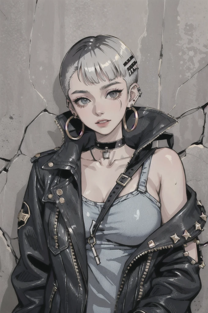 (masterpiece:1.2, best quality), (1lady, solo, upper body:1.2), Hair: buzz cut, Clothing: oversized, distressed denim jacket with patches and pins, paired with black skinny jeans and combat boots, Accessories: silver hoop earrings and a black choker necklace, Hanging out in an underground music venue or street art exhibit