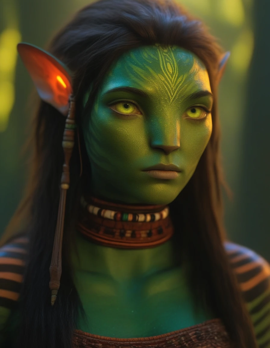 (face portrait), na'vi, 1girl, female, (green eyes), ((big detailed alien eyes:1)), ((eyebrowless)), ((pointy ears)), (green skin tone), (straight hair), brown hair color, ((long messy hair)), (young adult), 18 years old, face wrinkles, ((wearing colorful tribal clothing)), (wearing tribal acessories), detailed eyes, toned body, muscled body, vibrant colors, glowing, ethereal atmosphere, surrealistic dreamy lighting, textured skin, otherworldly beauty, mesmerizing photography, (best quality, highres), vivid colors, ultrarealistic, skin details, striped skin, sfw, face close-up,ultradetailed body, ((forest green skin)), dark background, night time