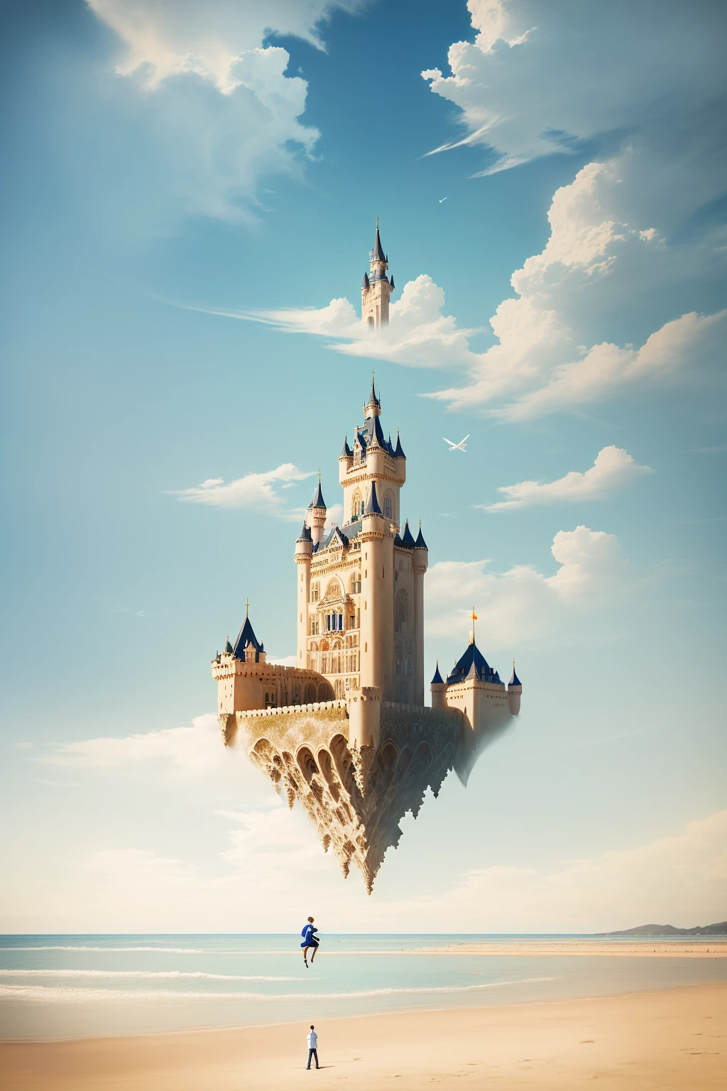 There is a boy sitting on the beach with a castle in the background, castles floating in the air, levitating above the ground, flying castle, rising in the air levitating, levitating, photo manipulation, surreal photo, surreal photography, ?????? perspective, levitation, beach surreal photography, levitating sand, photography alexei gurylev, surreal portrait photography