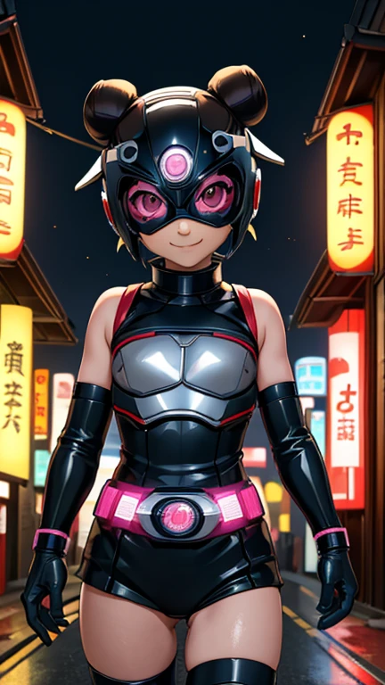 (8k),(masterpiece),(Japanese),(***************),((innocent look)),((Childish)),From the front,smile,cute,Innocent,Kind eyes,Flat chest, Tenten, Superhero,Kamen Rider,helmet,domino mask, Short Dark Brown bun Hair,Strong wind,night,dark, Neon light cyberpunk Konoha village