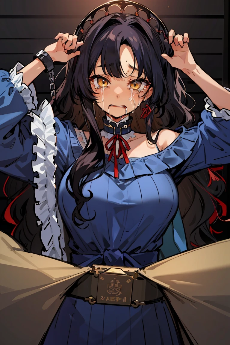 (masterpiece:1.2), (high quality:1.2), (hui xiyi:0.7)rekkyo sensen, rekkyou sensen, girls with((black hair, bangs, (one side up, long wavy hair:1.55), (arm up, perfect hands, perfect fingers, tied hands:1.43), exposed breasts, tits cleavage, breasts close up, dress((suspenders, dress:0.65), (belts:0.7), (blue clothes, frills shirt, white knit sweater, long sleeves, off-shoulder sleeves, silver handcuffs, chain, ribbon:1.2)), upper body)), background with((bedding, futon, blanket, jail, prison:1.45))